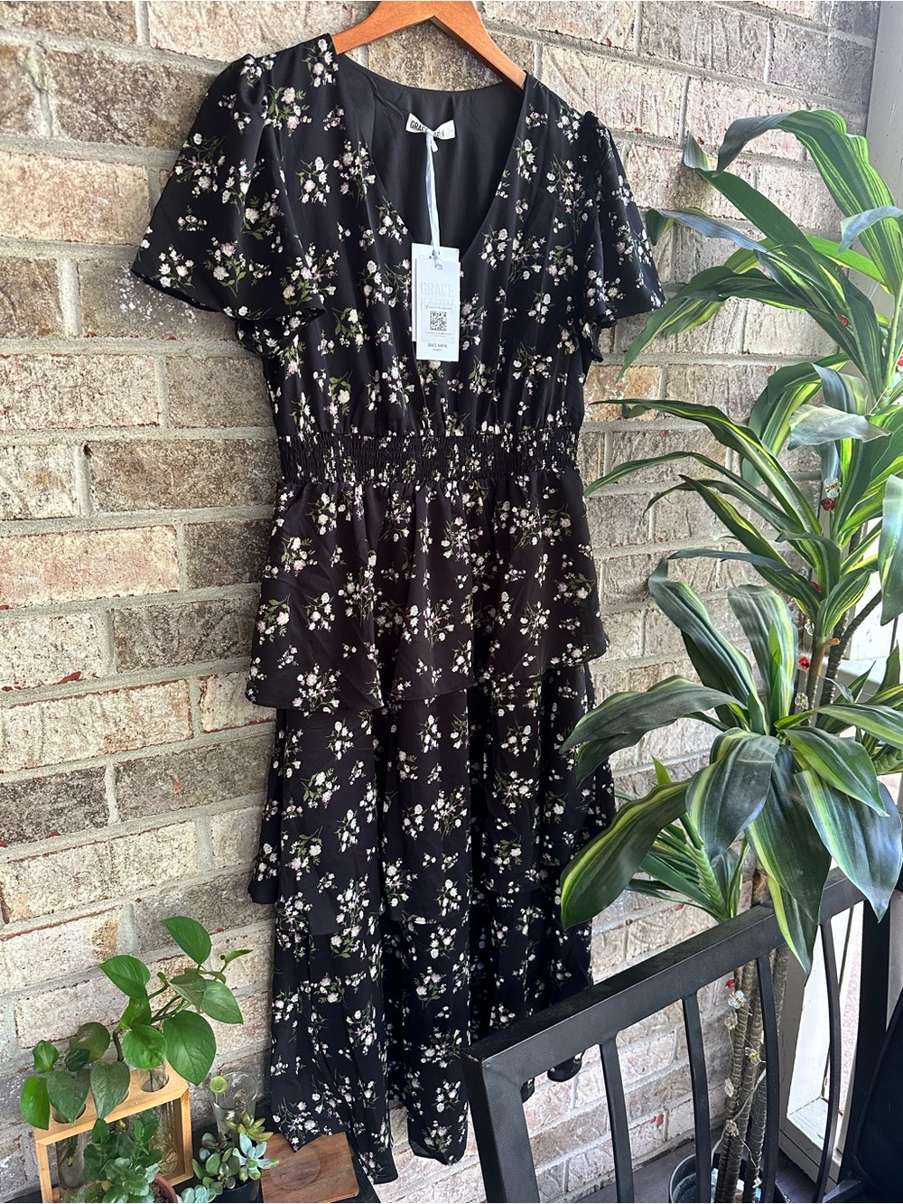 NWT Grace Karin Black Floral Tiered Midi Dress V neck.